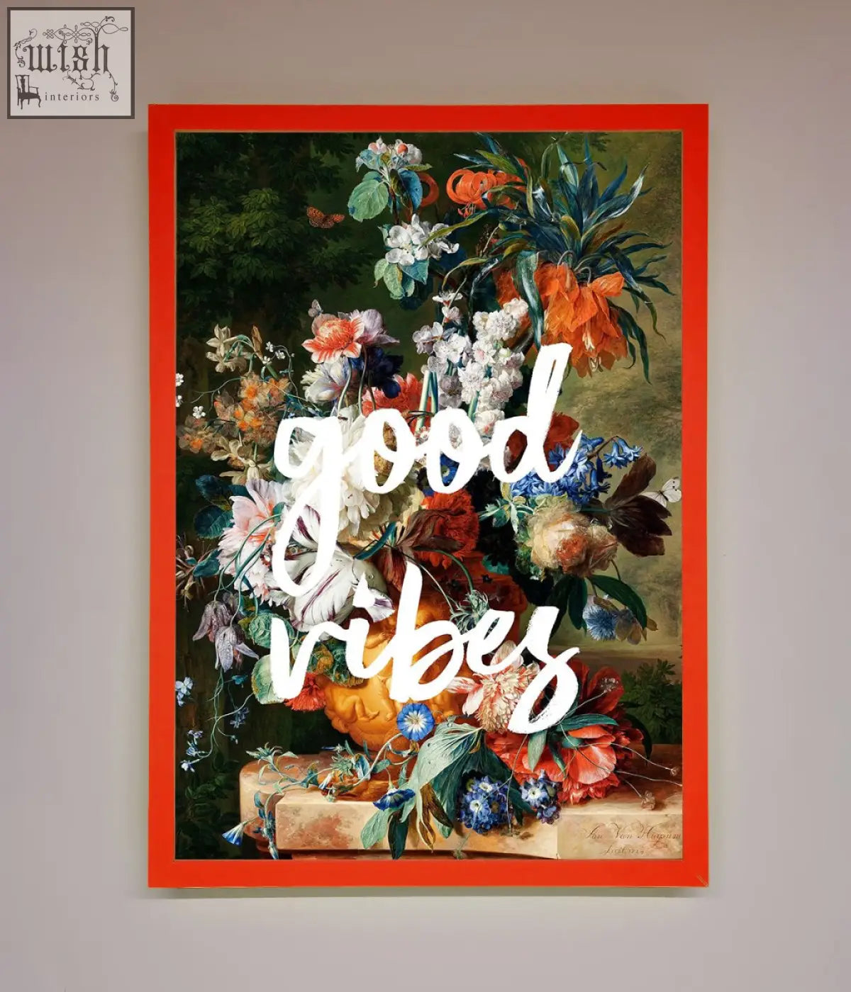 Good vibes framed wall art with vibrant red frame and colorful floral still life for brightening any space