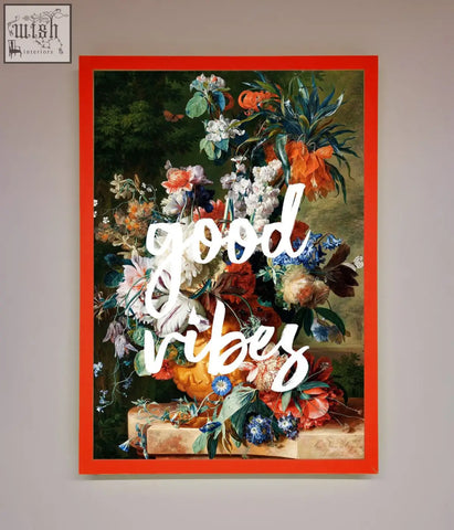 Good vibes framed wall art with vibrant red frame and colorful floral still life for brightening any space