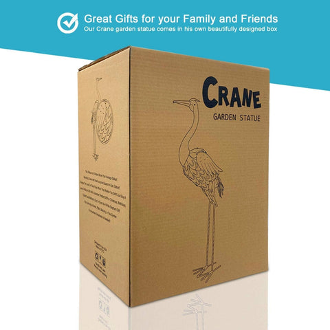 Brown cardboard box with black line drawing of crane statue and text crane garden statue for goodeco 96cm standing blue metal crane statue