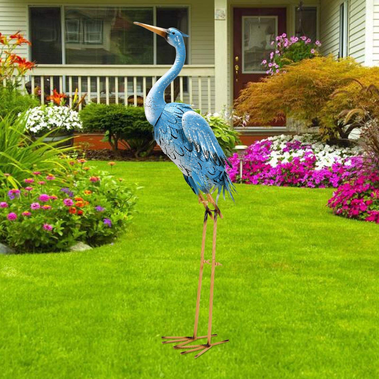 Goodeco 96cm standing blue metal crane statue with detailed feather patterns perfect for indoor outdoor garden decor