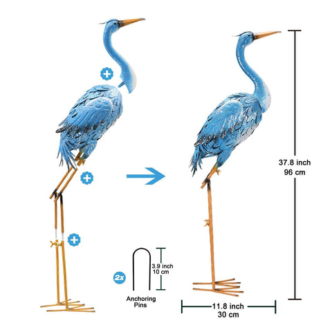 Goodeco 96cm standing blue metal crane statue with gold legs for indoor outdoor garden decoration