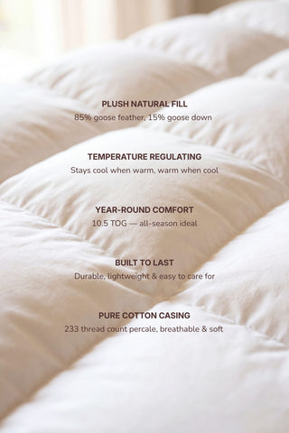 A plush white goose feather and down duvet filled with 85 percent goose feather and 15 percent goose down for cozy warmth