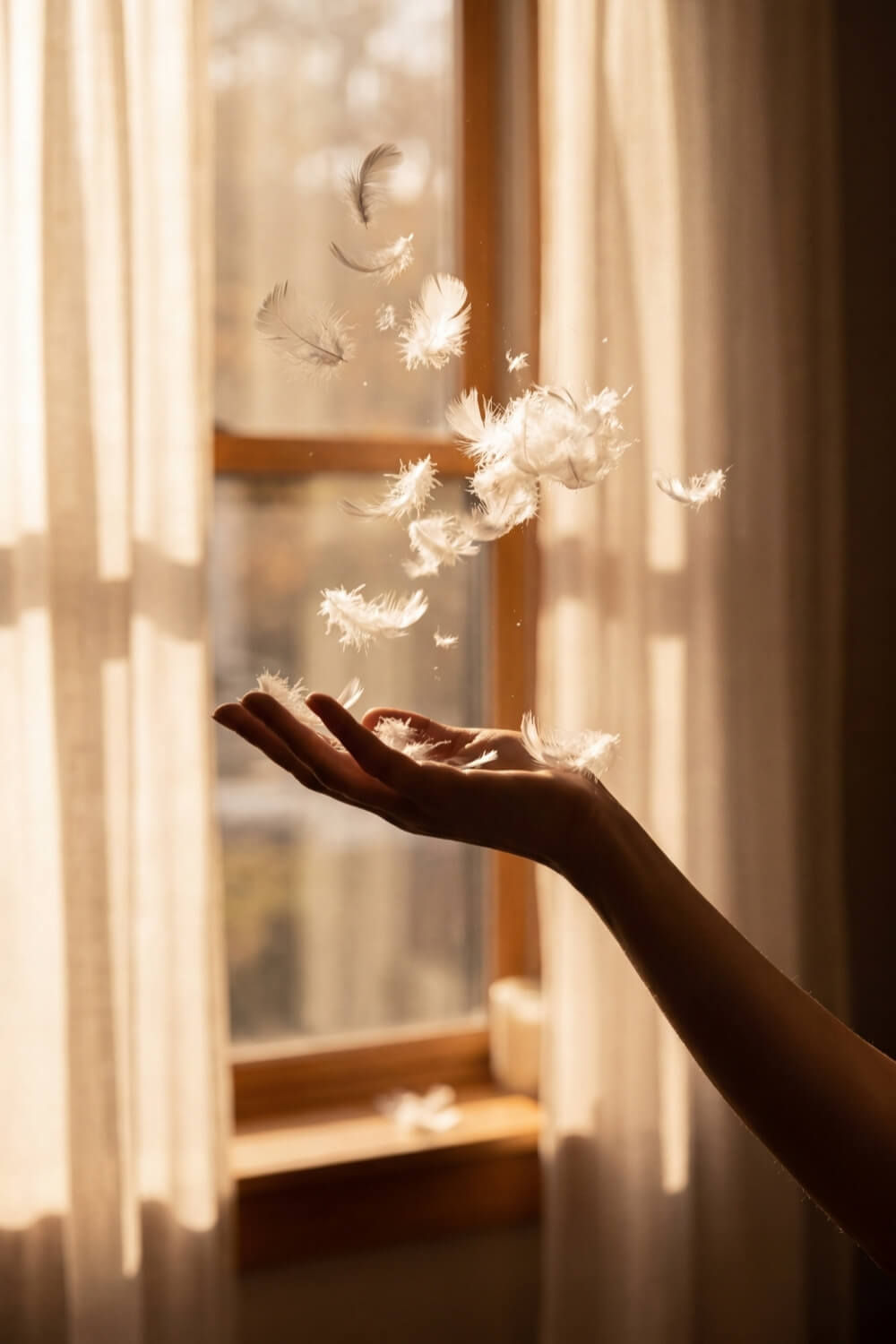 A hand gently cupping delicate white goose feathers highlighting softness of goose feather and down pillow