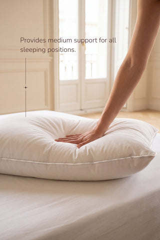 White goose feather and down pillow with soft plush texture and subtle edge stitching for cozy sleep