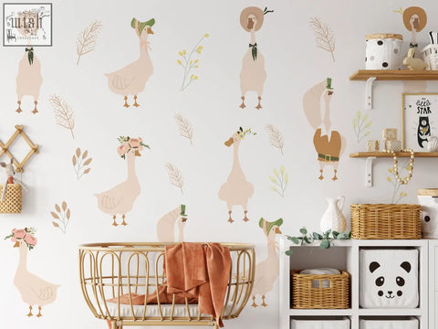 Goose nursery wall decals featuring beige and green geese with whimsical hats for a charming nursery wall look