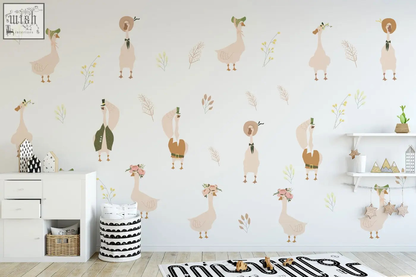 Goose nursery wall decals feature beige and brown cartoon geese with hats and greenery for a cute nursery wall design