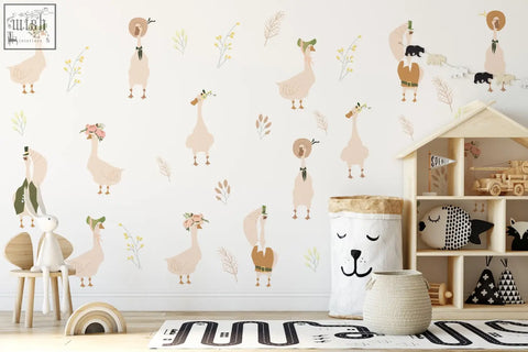 Whimsical beige and brown goose nursery wall decals with hats flowers and accessories for nursery wall decoration