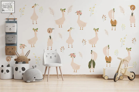 White cat-shaped chair with wooden legs perfect for a nursery wall complementing goose nursery wall decals
