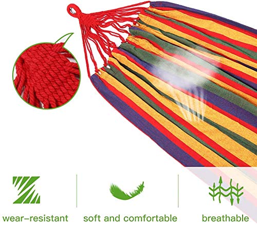 Colorful woven fabric goutime 9ft double hammock with red yellow green purple stripes includes portable carrying bag