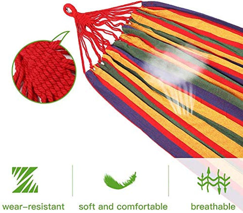 Colorful woven fabric goutime 9ft double hammock with red yellow green purple stripes includes portable carrying bag