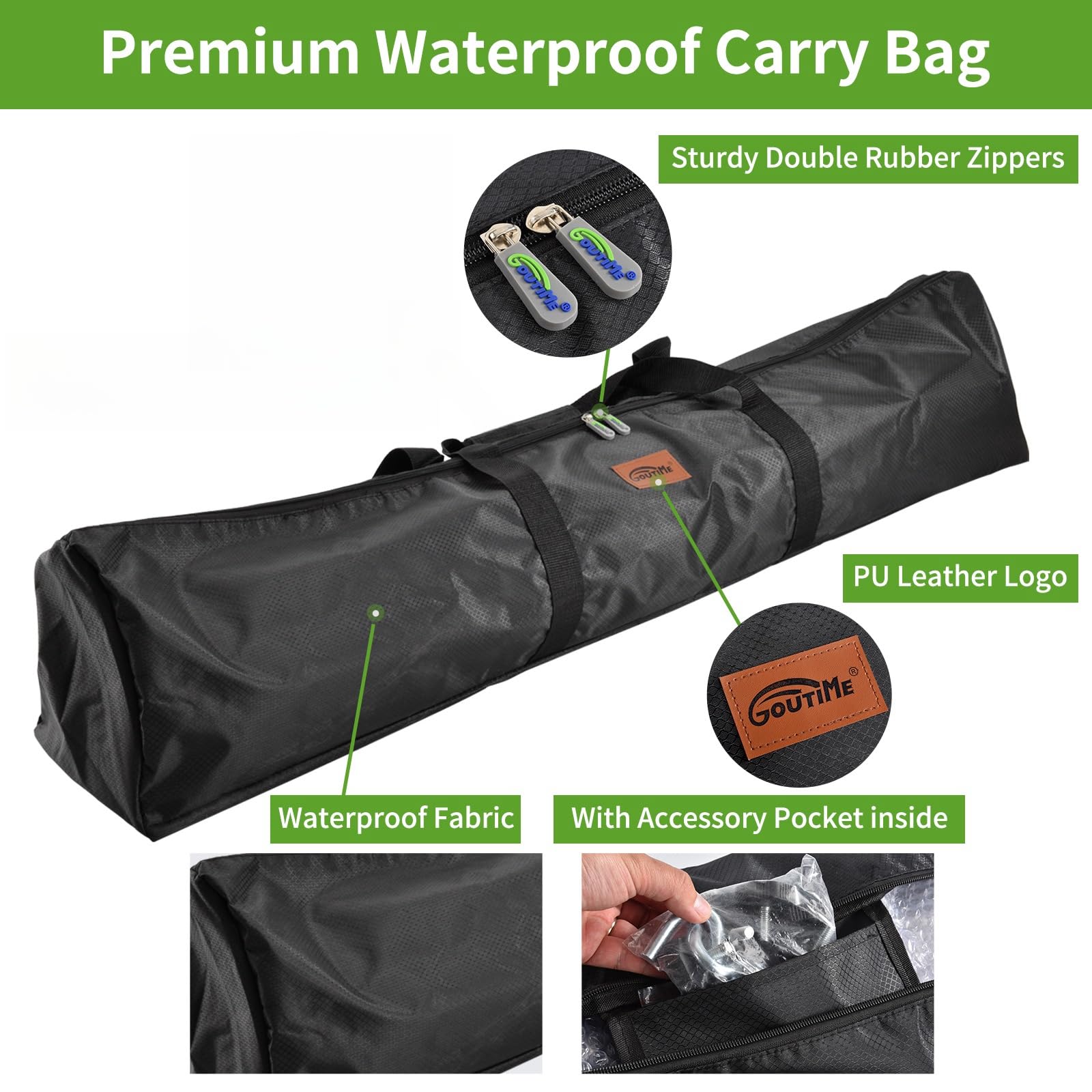 Black waterproof carry bag with sturdy double rubber zippers and pu leather logo includes portable carrying for goutime 9ft double hammock