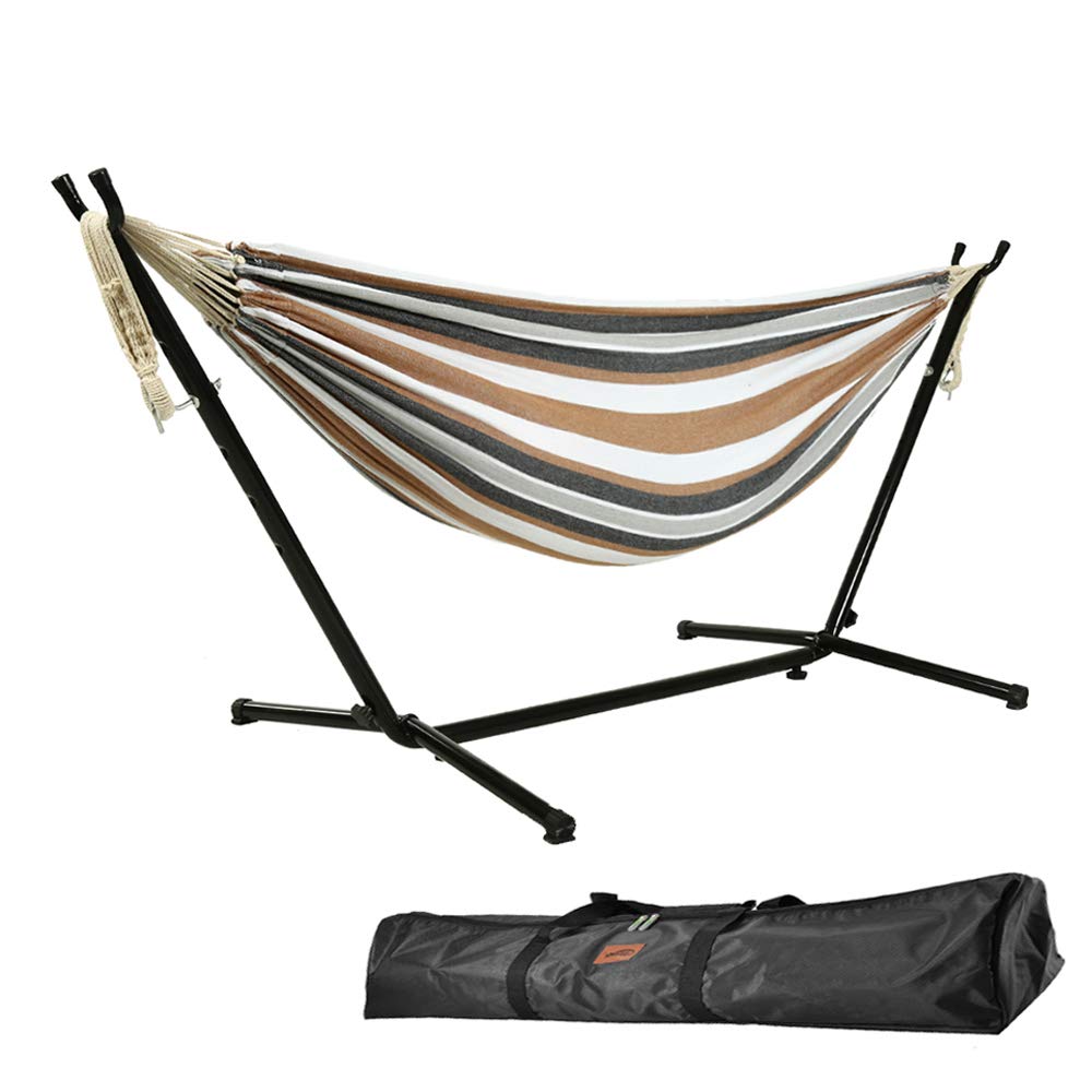 Goutime 9ft double striped hammock with beige gray and white bands on black metal stand includes portable carrying bag