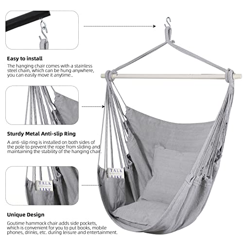 Gray goutime hammock chair swing with detachable metal support bar, anti-slip rings, side pockets, and two cushions