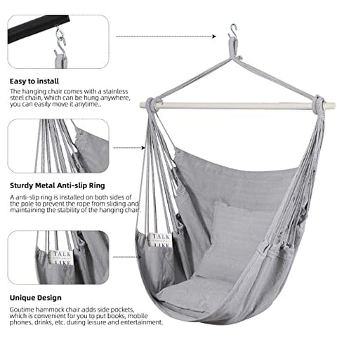 Gray goutime hammock chair swing with detachable metal support bar, anti-slip rings, side pockets, and two cushions