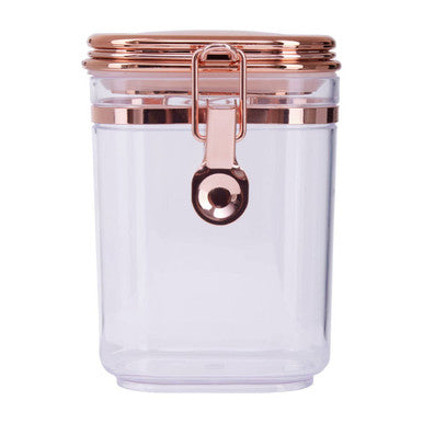 Clear plastic storage jar with rose gold copper-tone clip-top lid and metal clasp 500 ml gozo jar