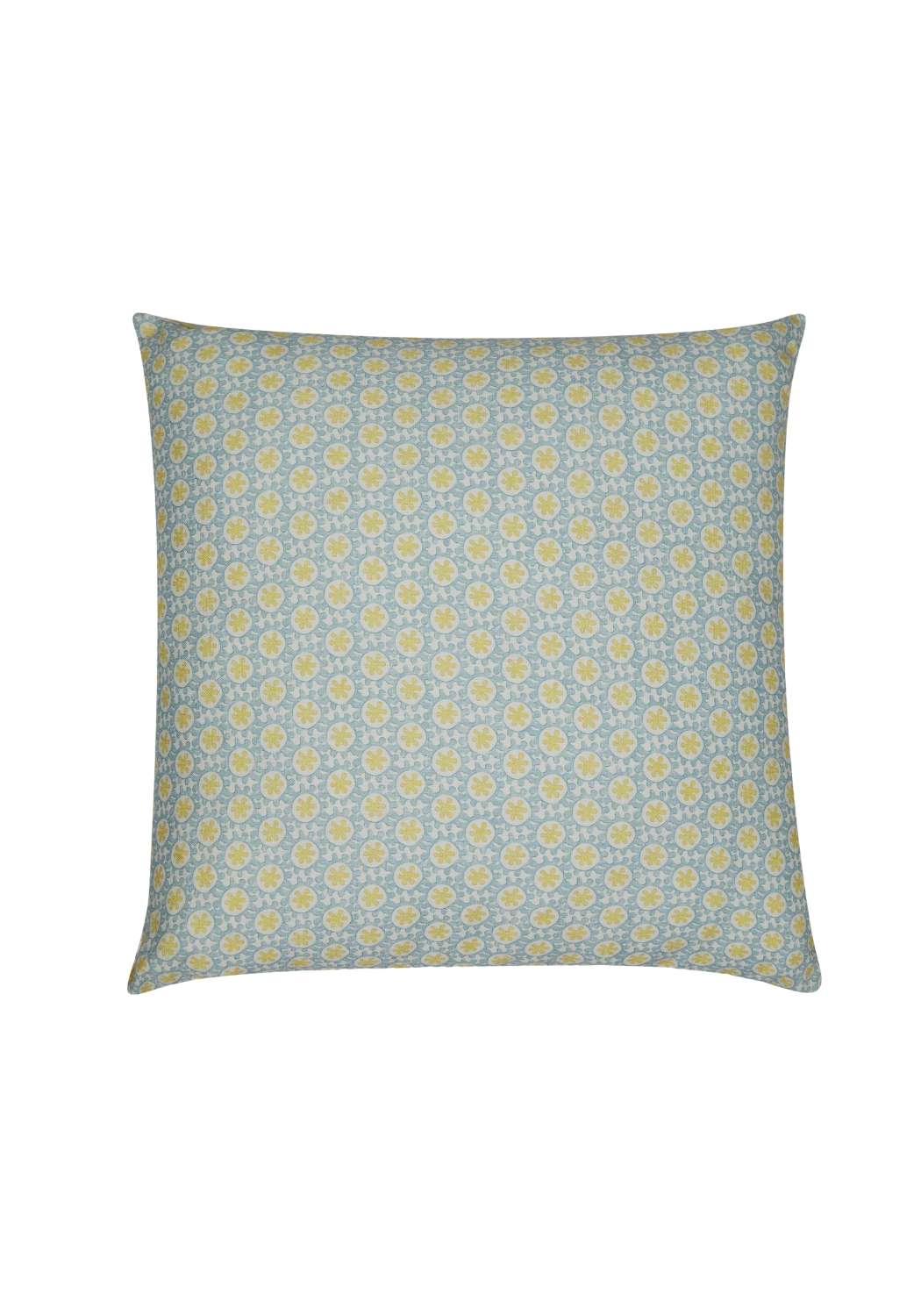 A gp baker cushion cover in light blue fabric with pale yellow and white circular motifs perfect as a baker cushion cover