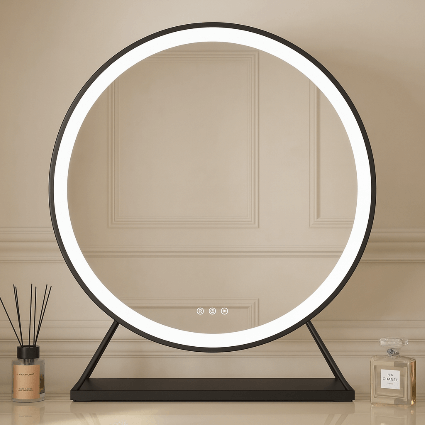 Grace round hollywood mirror black with circular black frame and bright white led ring light on minimalist stand