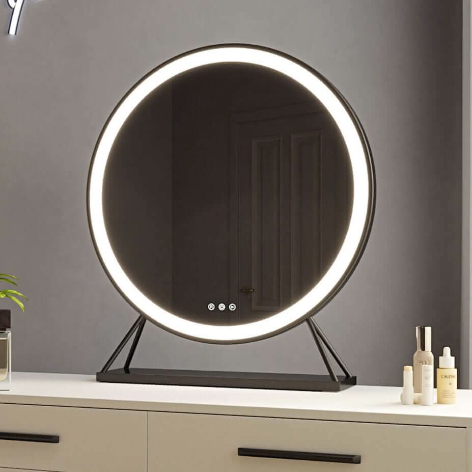 Black frame hollywood mirror grace round hollywood mirror with bright led ring light and control buttons on base