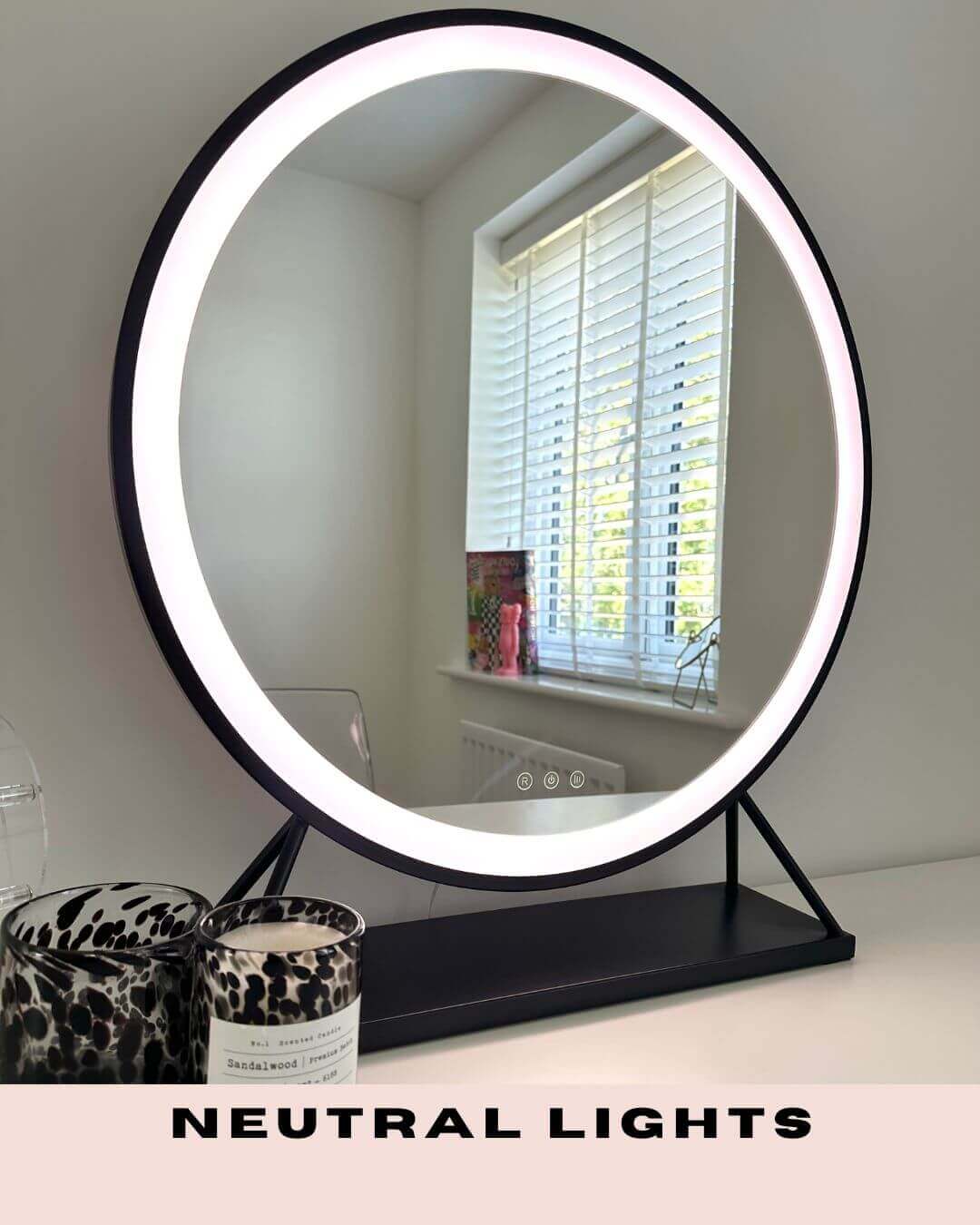 Grace round hollywood mirror black 60x67cm with black frame led light and sleek stand for stylish use