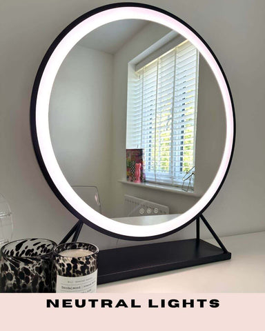 Grace round hollywood mirror black 60x67cm with black frame led light and sleek stand for stylish use