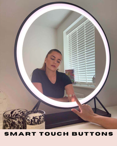 Grace round hollywood mirror with black frame and bright led ring light plus smart touch buttons for adjustable light