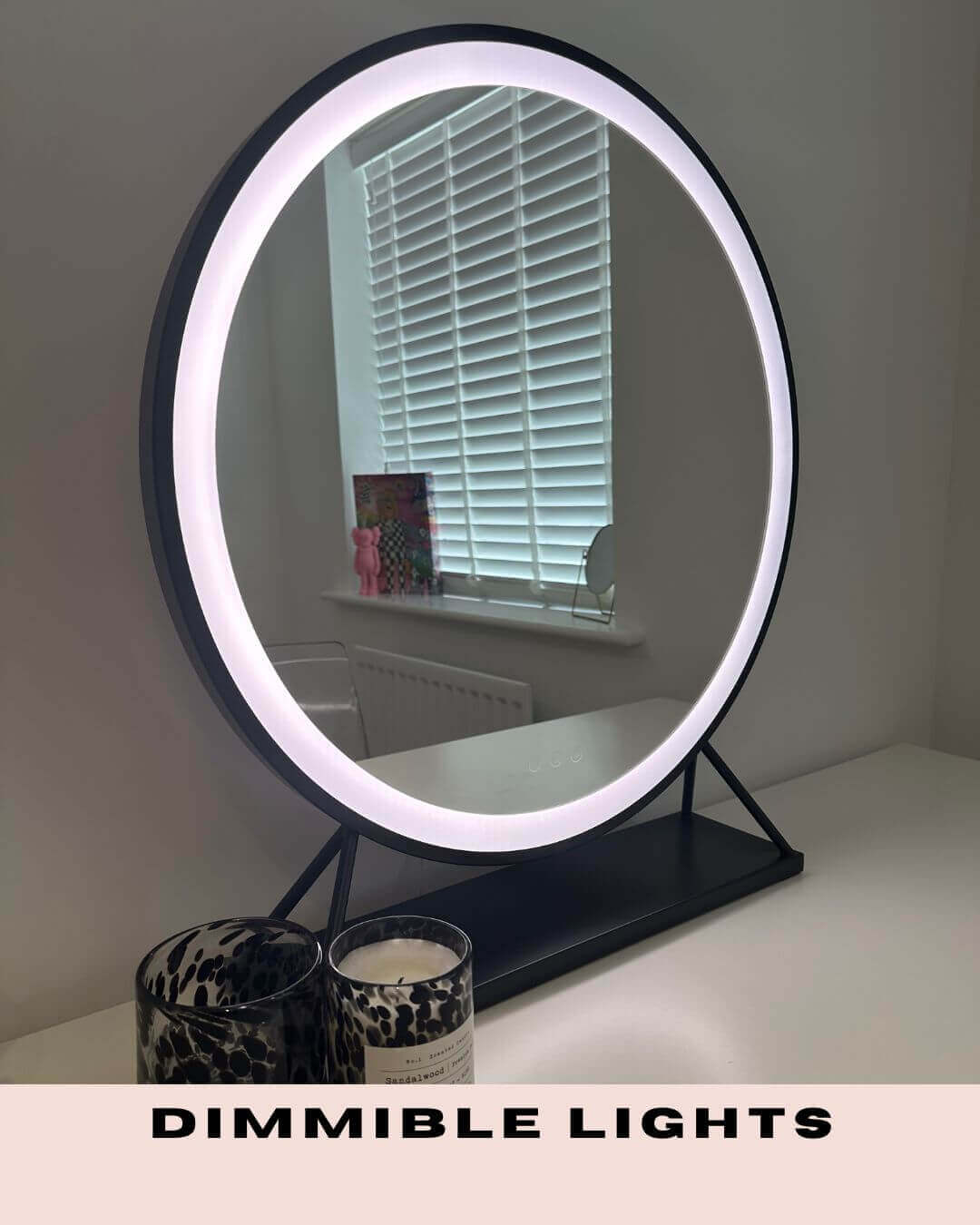 Circular grace round hollywood mirror with a black frame and bright led ring lighting perfect for makeup