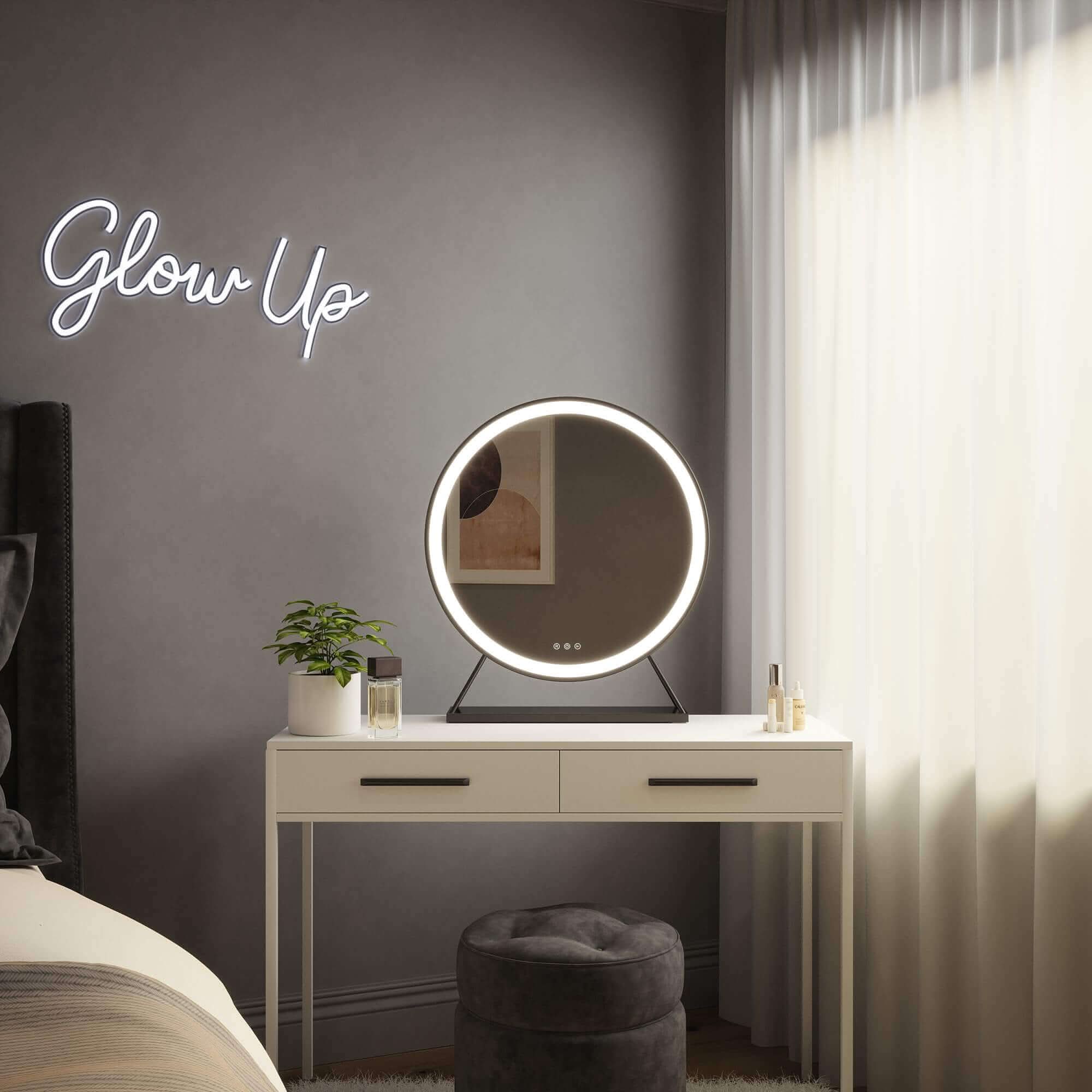 Circular grace round hollywood mirror with a bright led light ring and sleek black frame hollywood mirror