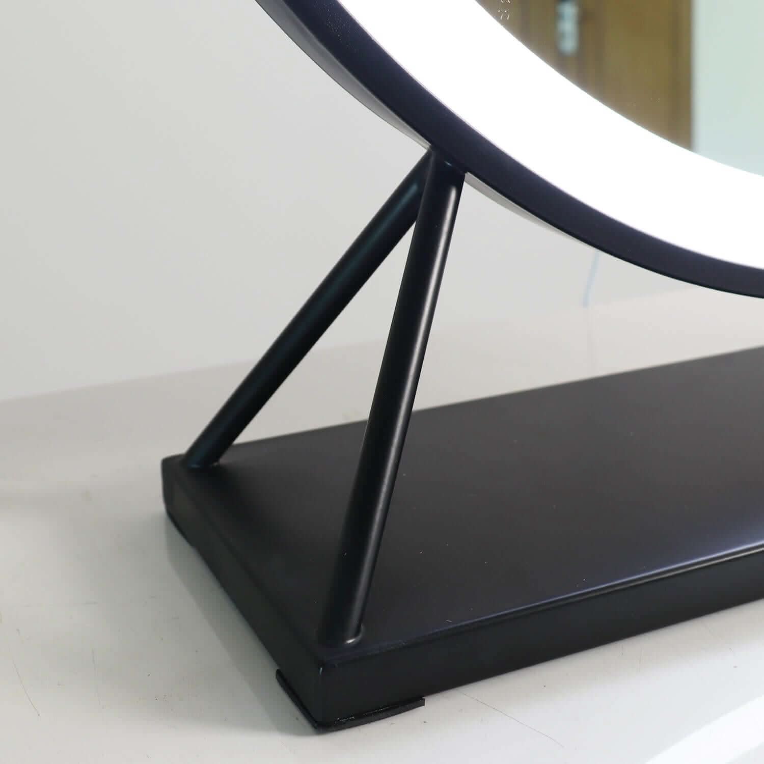 Grace round hollywood mirror black frame with sleek stand and integrated led lighting ring for perfect makeup