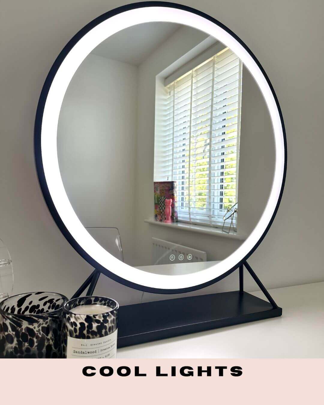 Grace round hollywood mirror black 60x67cm with bright led ring lighting and sleek black frame hollywood mirror on stand