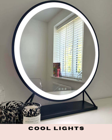 Grace round hollywood mirror black 60x67cm with bright led ring lighting and sleek black frame hollywood mirror on stand