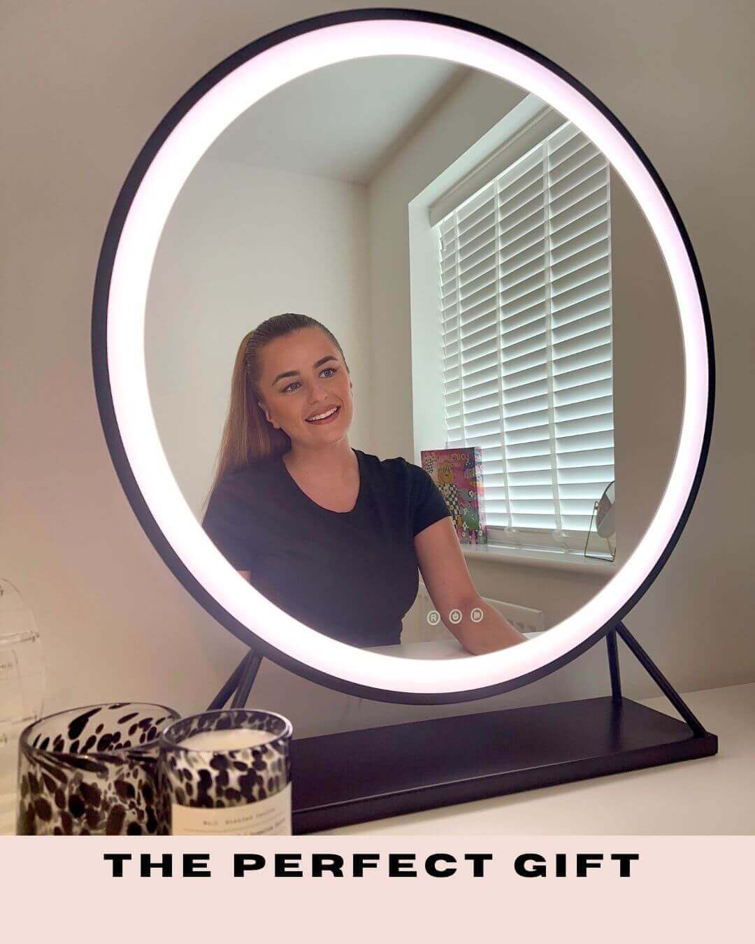 Circular grace round hollywood mirror with black frame and bright white led ring light 60x67cm