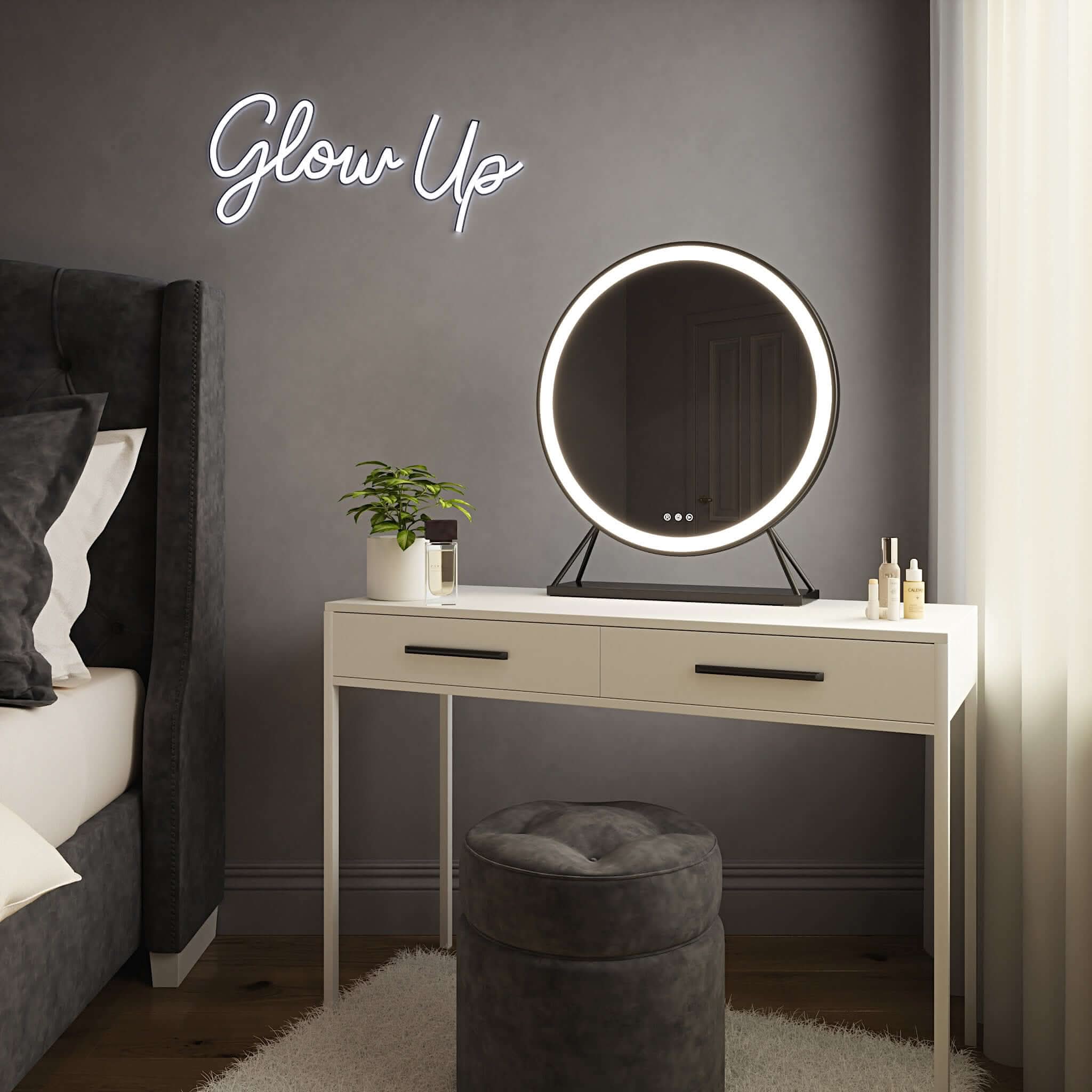 Grace round hollywood mirror black 60x67cm with bright white led ring light and black frame hollywood mirror stand
