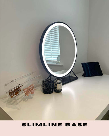 Grace round hollywood mirror black 60x67cm with black frame led ring light on slimline base for makeup