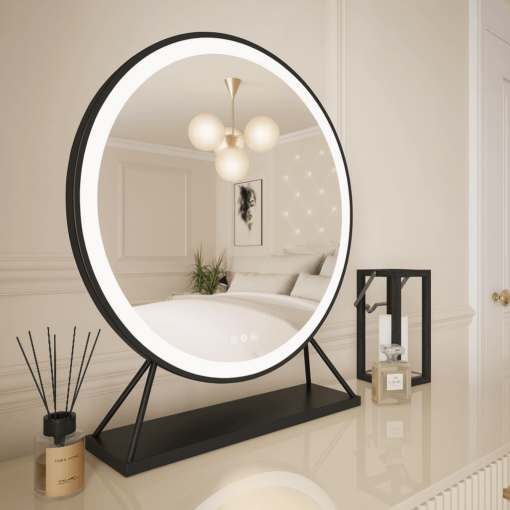 Black frame hollywood mirror grace round vanity mirror with led ring and minimalist stand 60x67cm