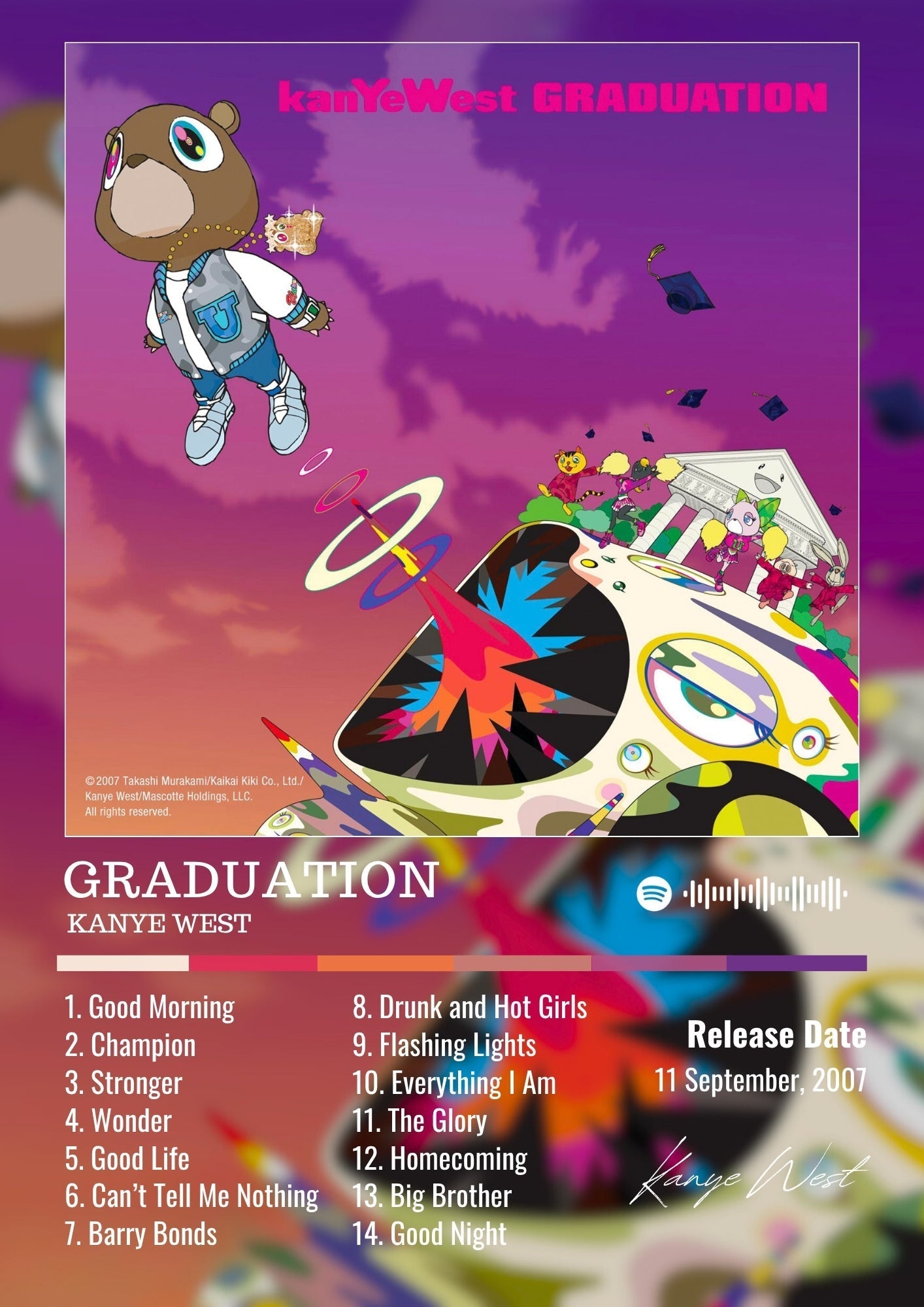 Kanye west graduation album poster featuring a cartoon bear in white jacket floating above a colorful car