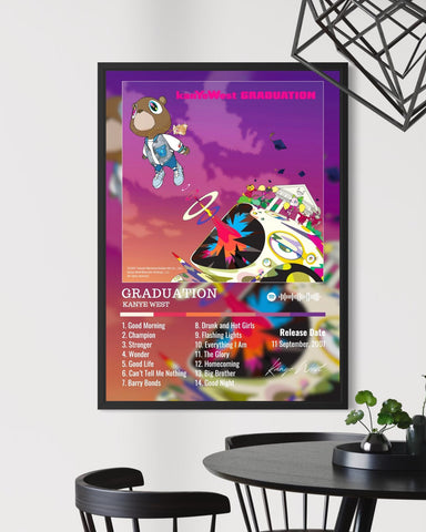 A framed kanye west graduation album poster with a vibrant purple pink gradient and cartoon tracklist design