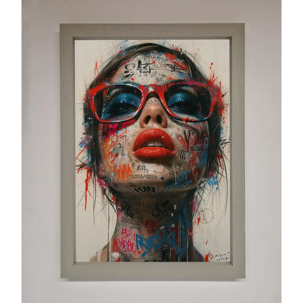 Graffiti Lady Glasses Framed Wall Art - A3 (29.7 x 42 cm) / Grey - Framed Print