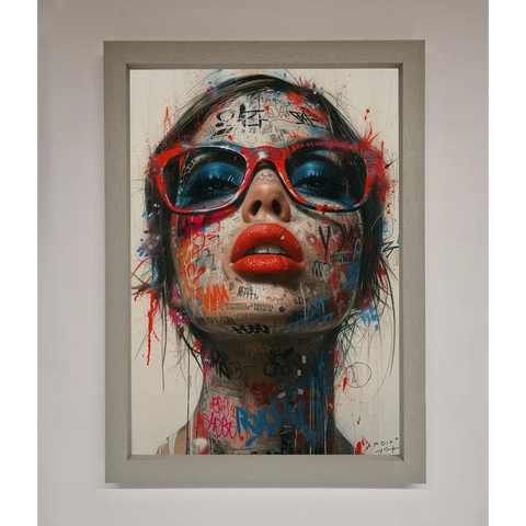 Graffiti Lady Glasses Framed Wall Art - A3 (29.7 x 42 cm) / Grey - Framed Print