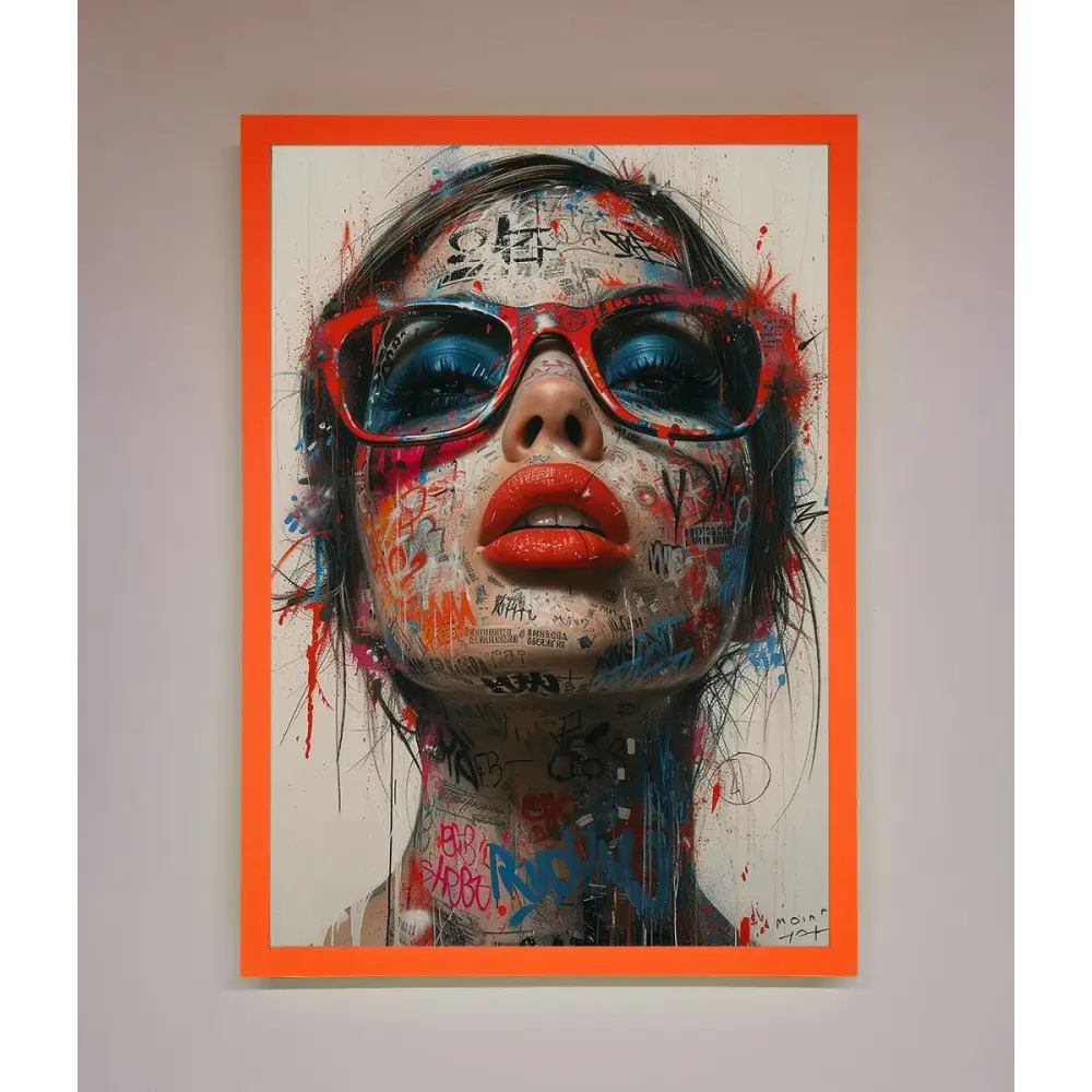 Graffiti Lady Glasses Framed Wall Art - A3 (29.7 x 42 cm) / Neon Orange - Framed Print