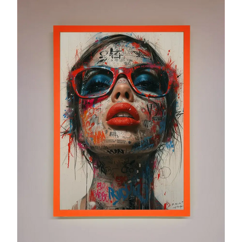Graffiti Lady Glasses Framed Wall Art - A3 (29.7 x 42 cm) / Neon Orange - Framed Print