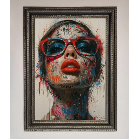Graffiti Lady Glasses Framed Wall Art - A3 (29.7 x 42 cm) / Ornate Silver Black - Framed Print