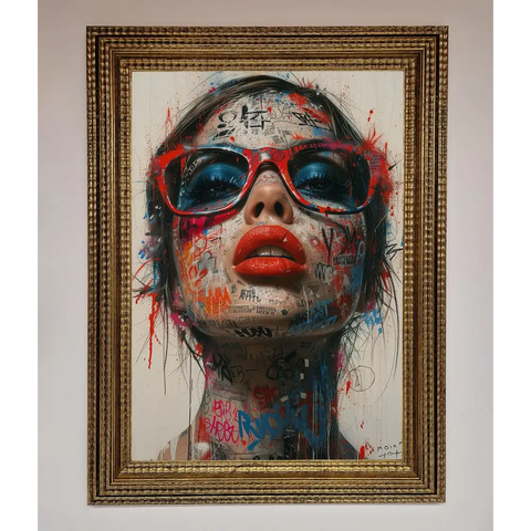 Graffiti Lady Glasses Framed Wall Art - A3 (29.7 x 42 cm) / Ornate Gold - Framed Print