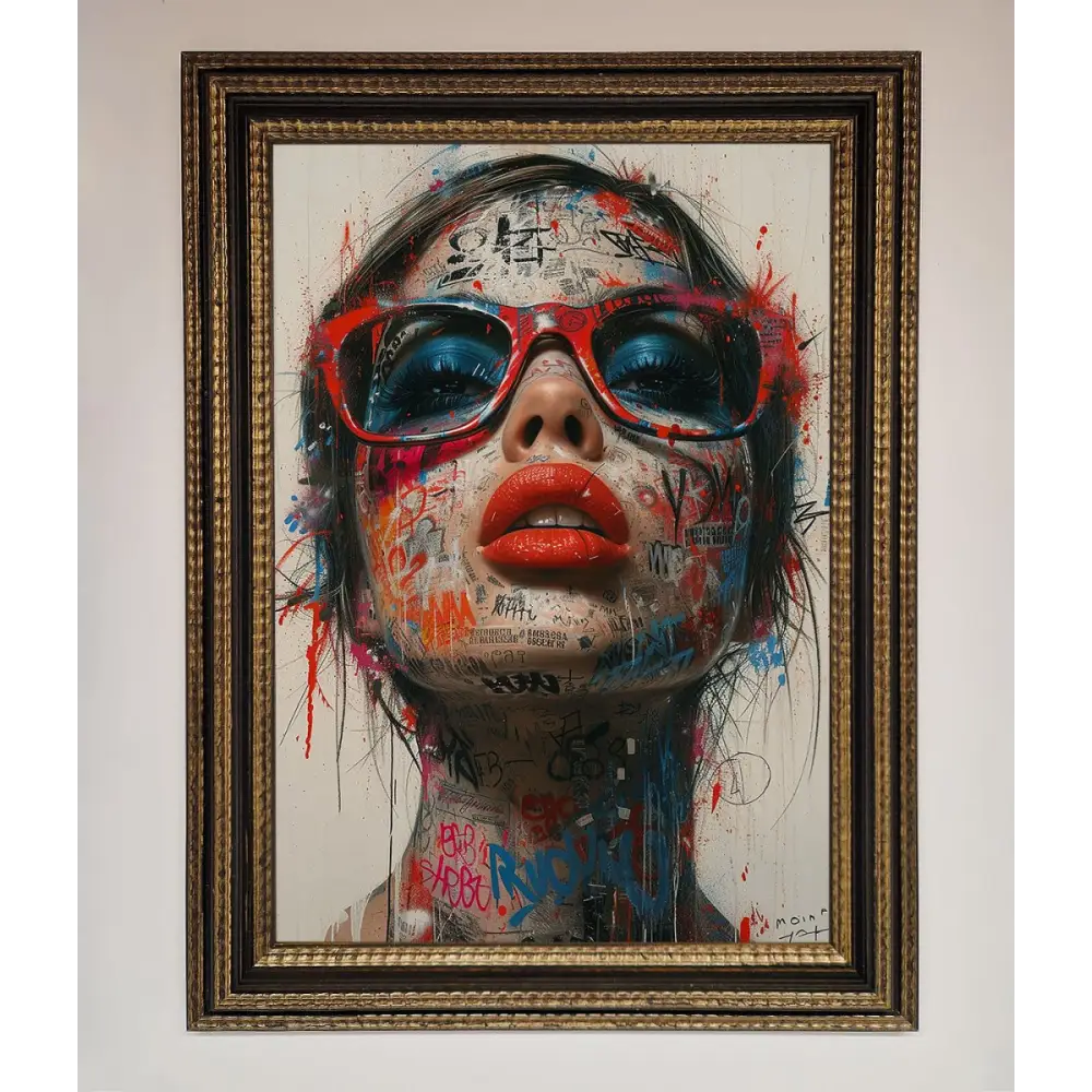 Graffiti Lady Glasses Framed Wall Art - A3 (29.7 x 42 cm) / Ornate Gold Black - Framed Print