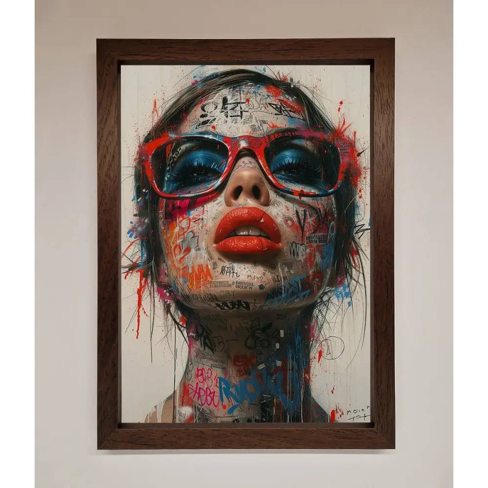 Graffiti Lady Glasses Framed Wall Art - A3 (29.7 x 42 cm) / Walnut - Framed Print