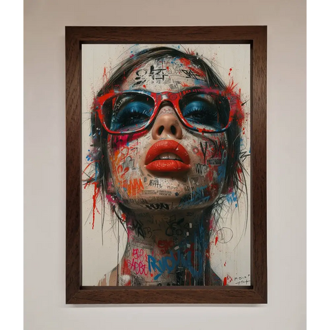 Graffiti Lady Glasses Framed Wall Art - A3 (29.7 x 42 cm) / Walnut - Framed Print