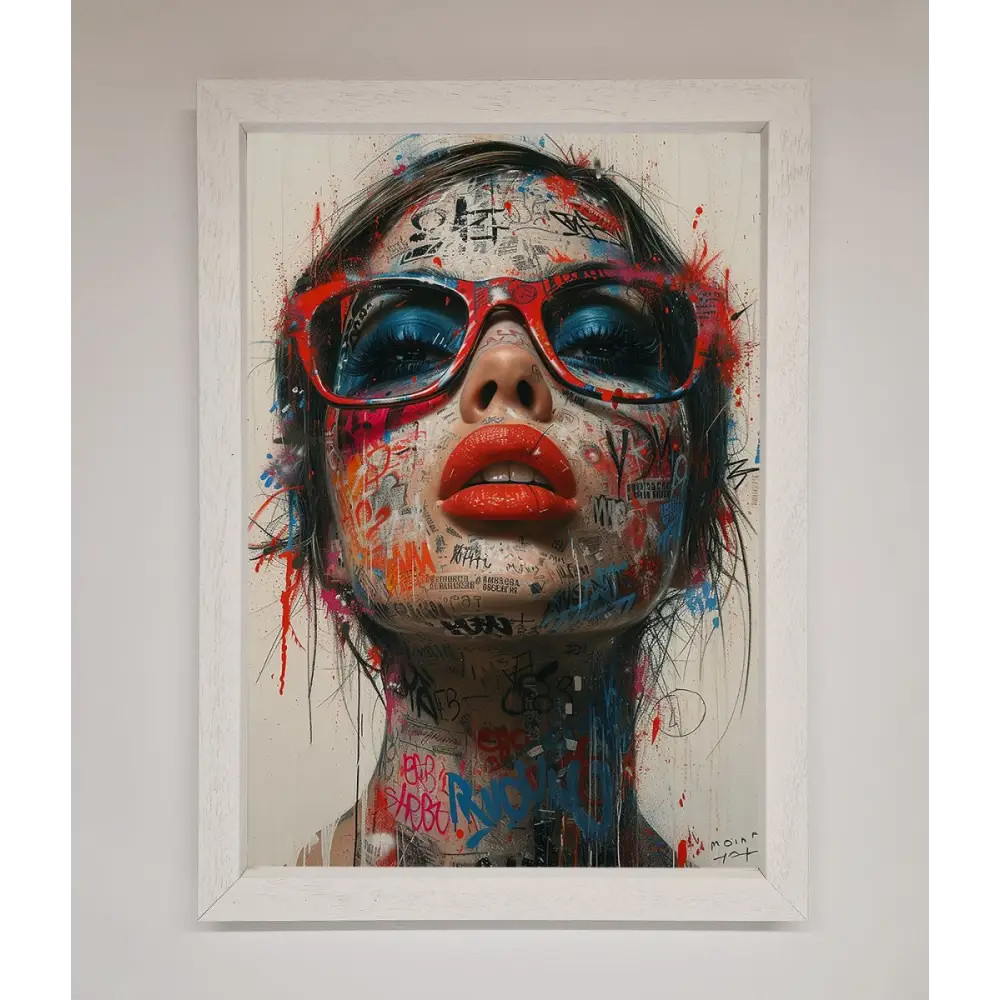 Graffiti Lady Glasses Framed Wall Art - A3 (29.7 x 42 cm) / White - Framed Print