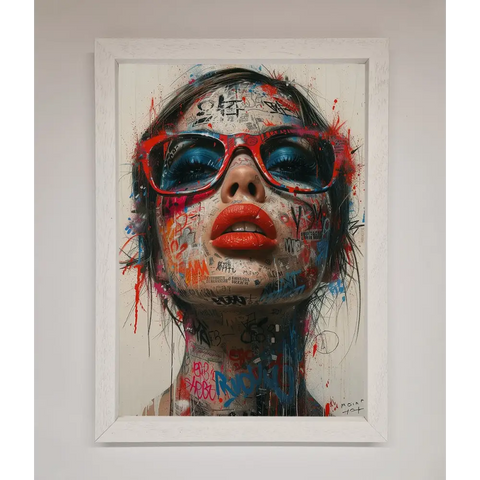Graffiti Lady Glasses Framed Wall Art - A3 (29.7 x 42 cm) / White - Framed Print