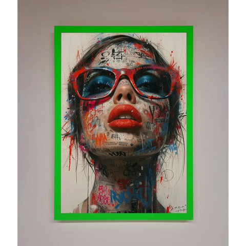 Graffiti Lady Glasses Framed Wall Art - B0 (100 x 141 cm) / Neon Dark Green - Framed Print