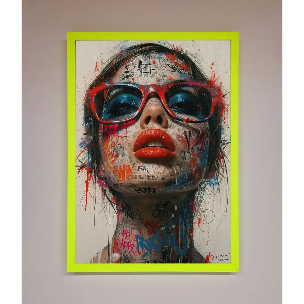 Graffiti Lady Glasses Framed Wall Art - B0 (100 x 141 cm) / Neon Green - Framed Print