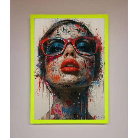 Graffiti Lady Glasses Framed Wall Art - B0 (100 x 141 cm) / Neon Green - Framed Print